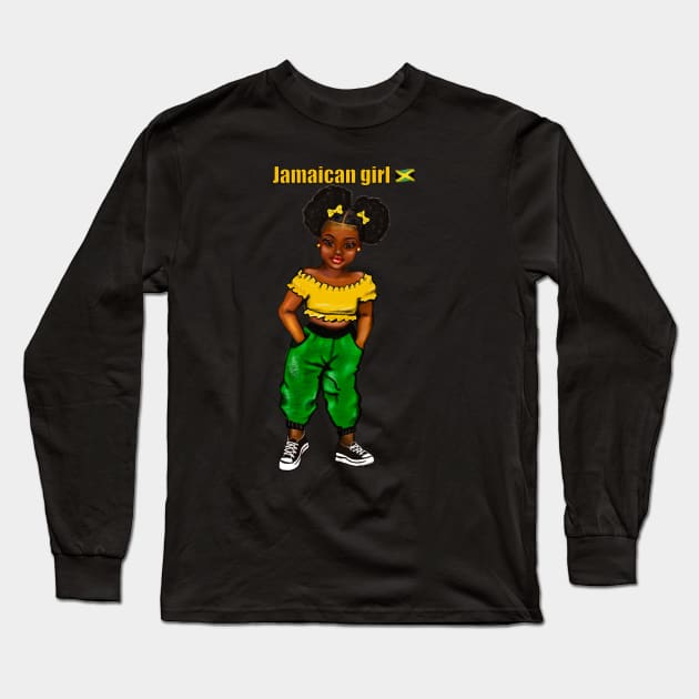 Jamaican girl 3 with colours of Jamaican flag in black green and gold inside a heart shape Long Sleeve T-Shirt by Artonmytee